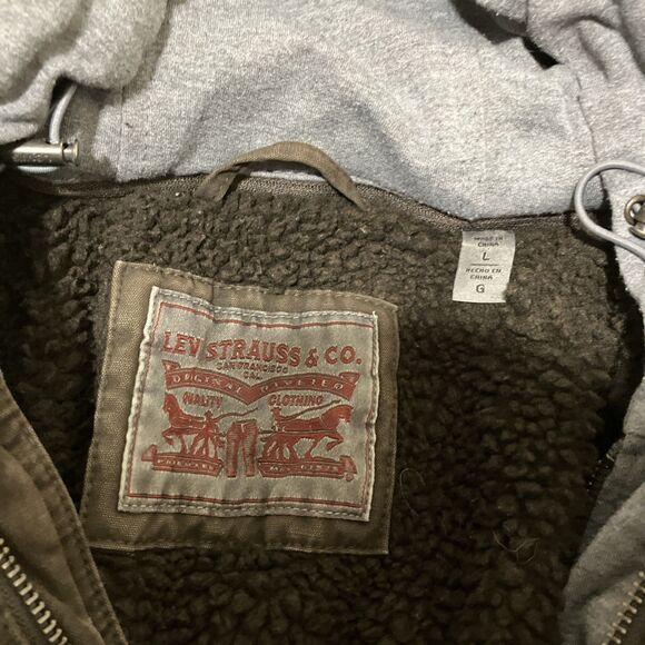 Levi's Hooded Sherpa Lined Trucker Jacket Hoodie Brown Mens L Workwear Outdoor - Picture 2 of 10